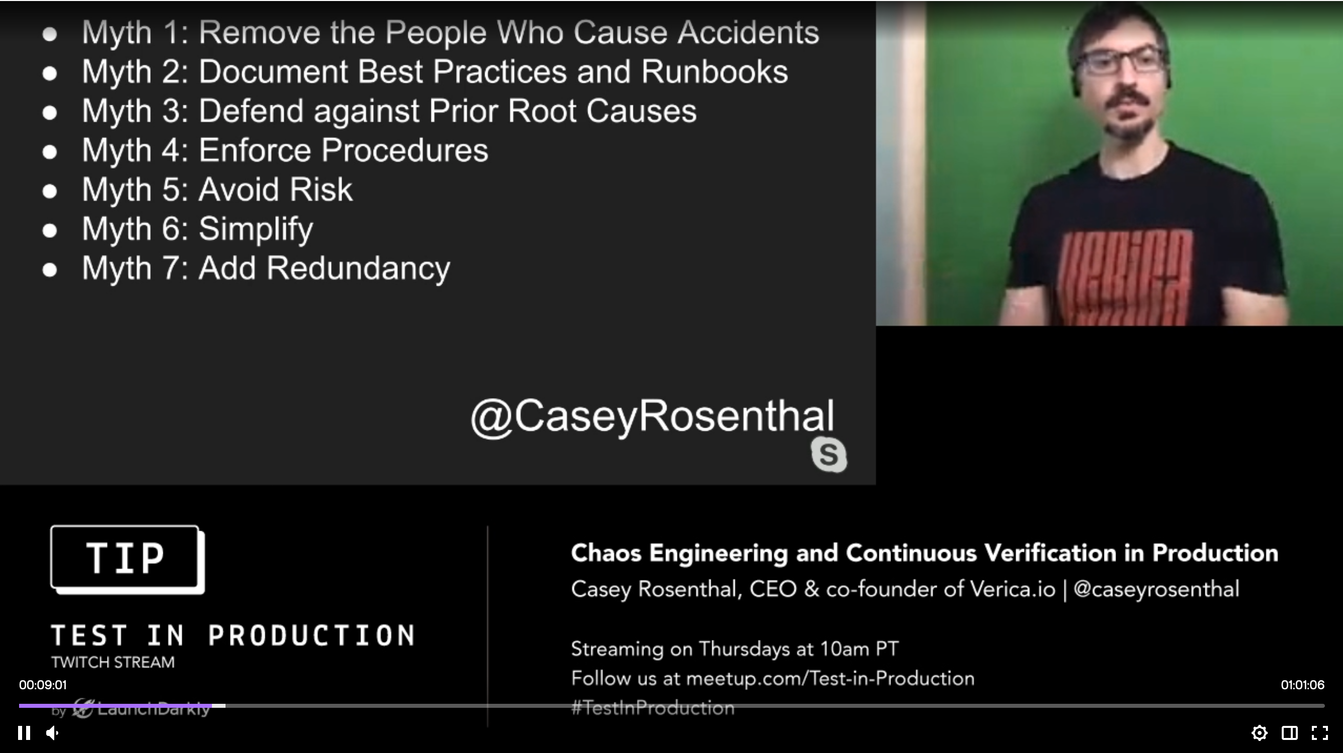 Left: Slide listing 7 myths. Right: picture of Casey Rosenthal.