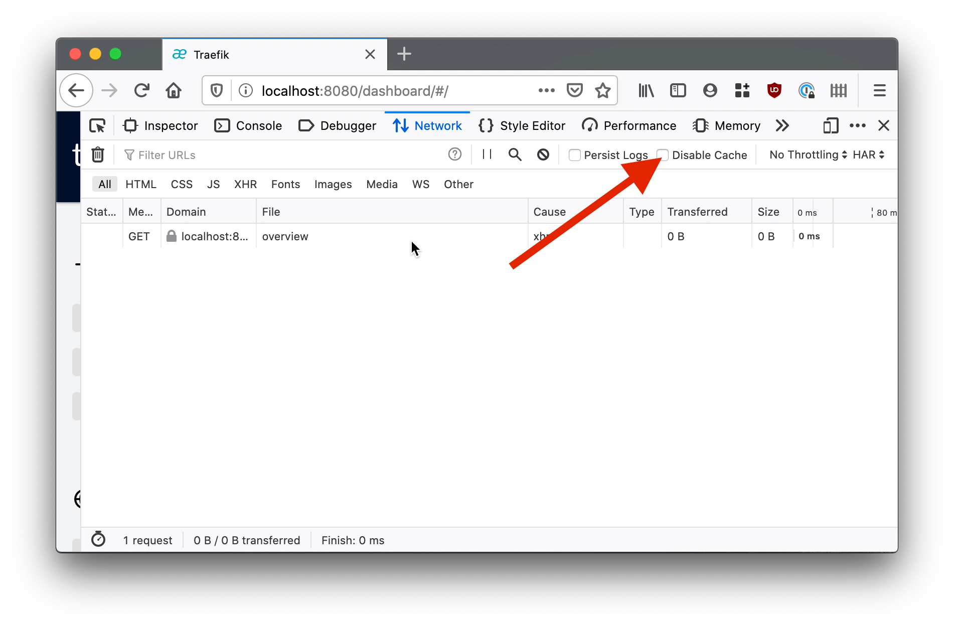 firefox network inspector annotated with a red arrow pointing to the disable cache checkbox